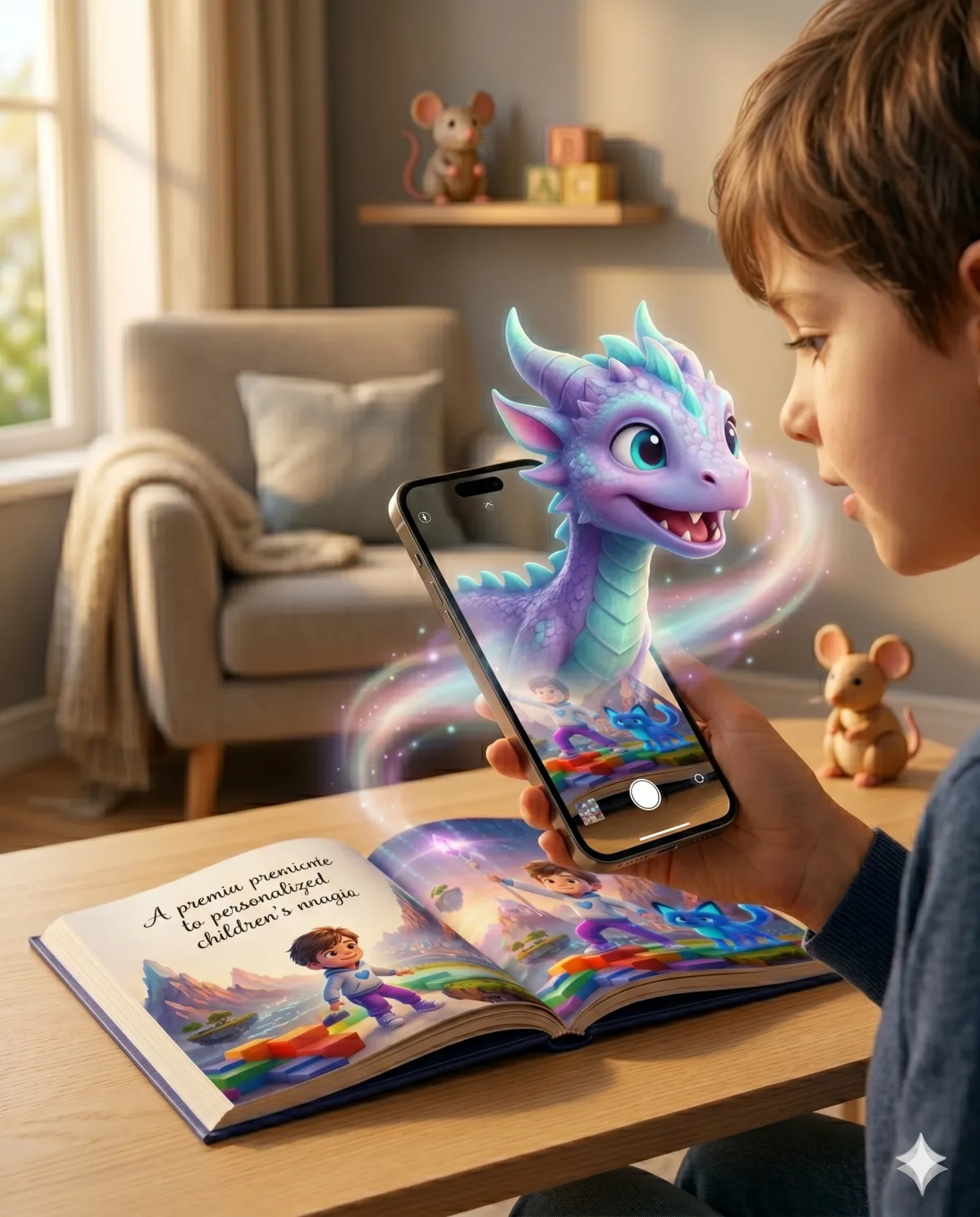 Niño apuntando el celular a la portada del libro para activar la realidad aumentada